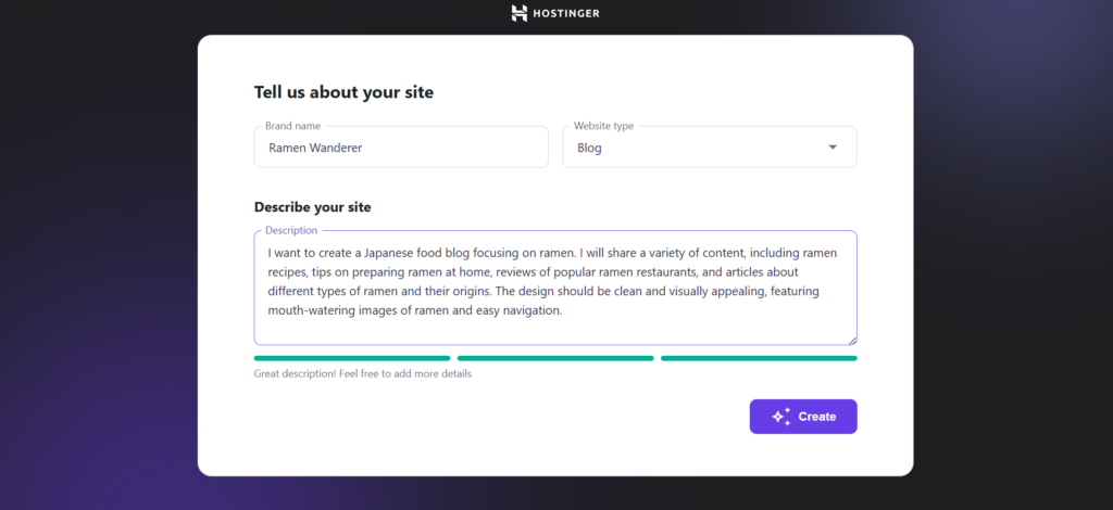 Hostinger's AI Website Builder for WordPress prompt input page