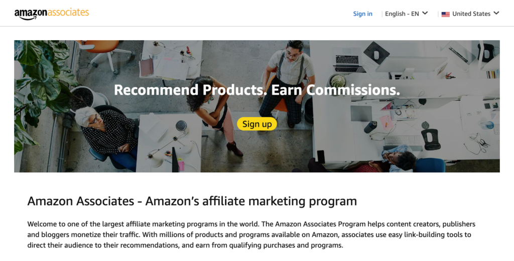 Amazon Associates landing page