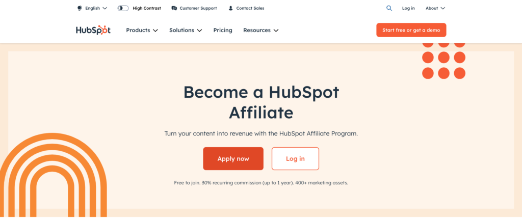 HubSpot Affiliate Program landing page