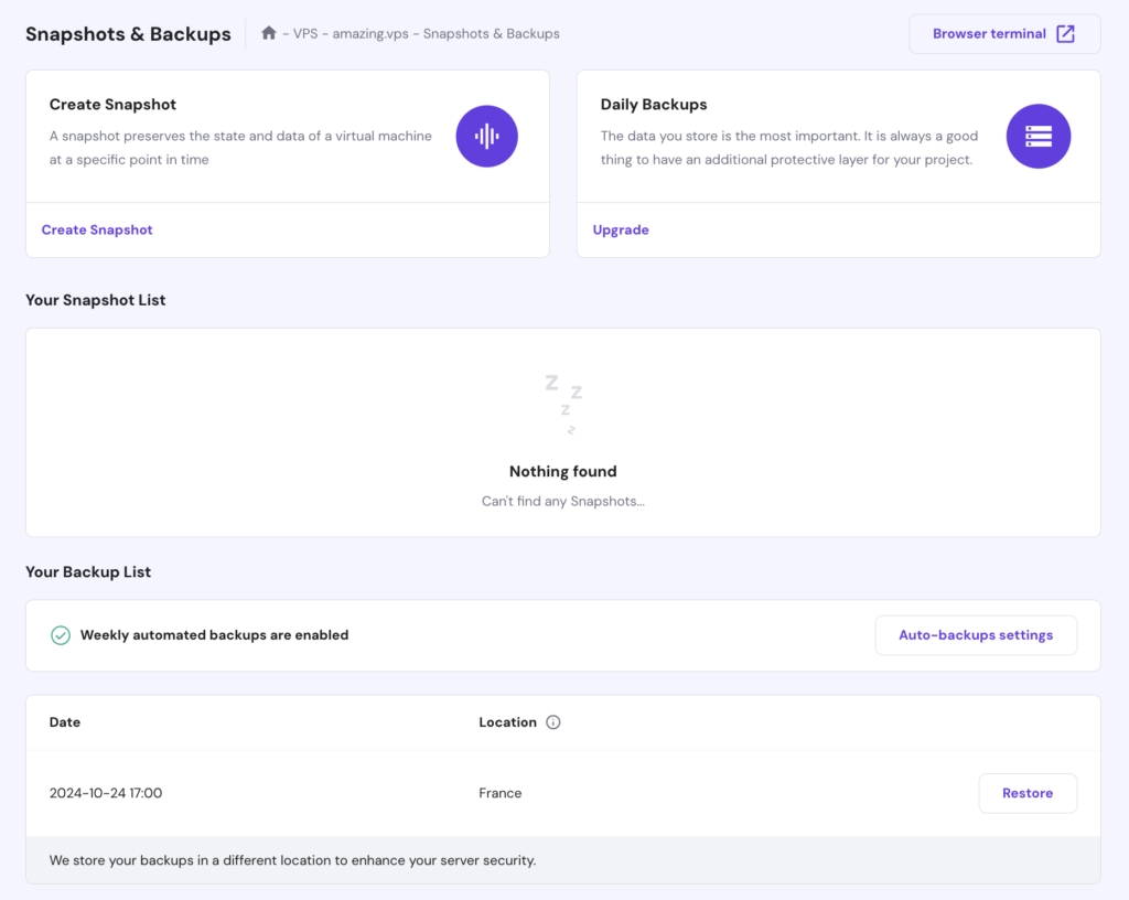 The Snapshots & Backups menu in Hostinger's hPanel