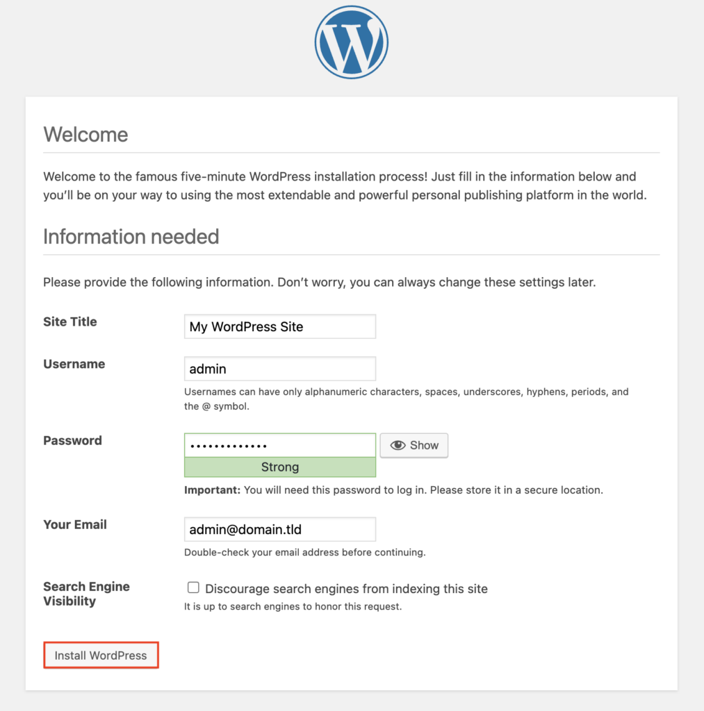 The Install WordPress button in the WordPress Welcome page