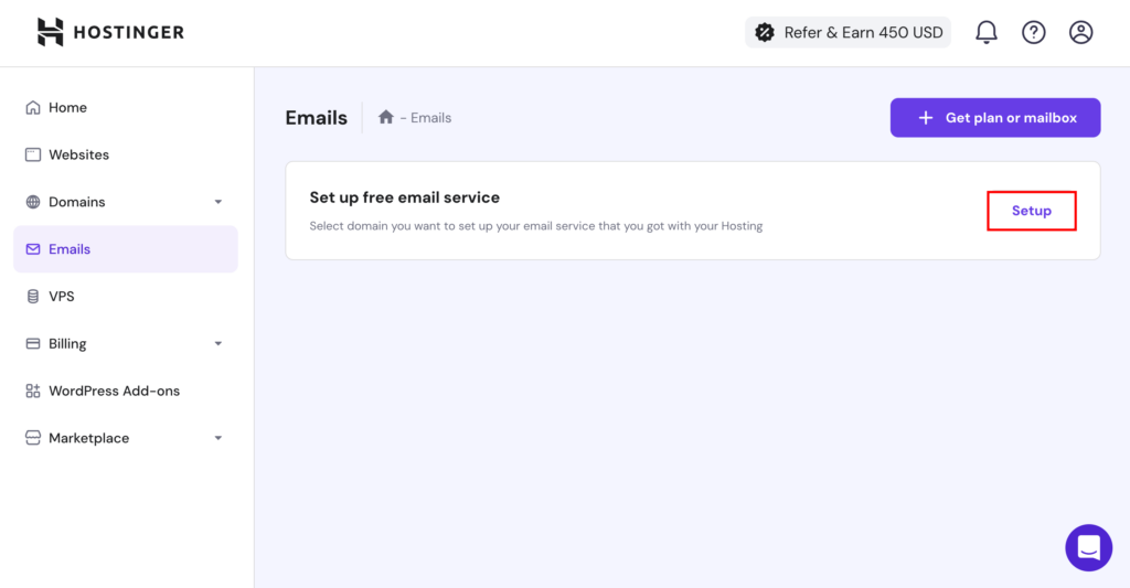 hPanel set up free email service