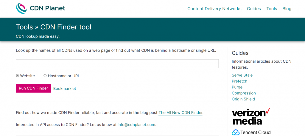 Screenshot from the CDN Planet's website showing its CDN Finder tool.