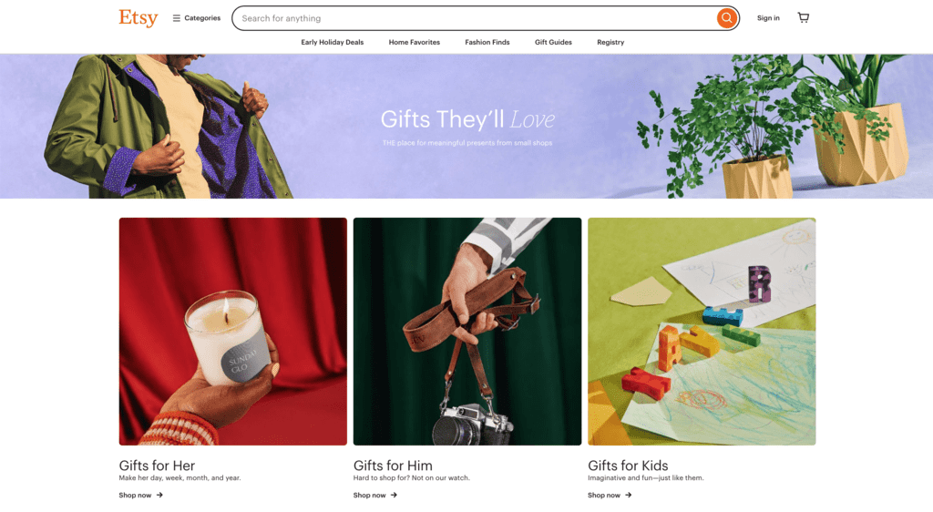 Etsy holiday gift guide landing page