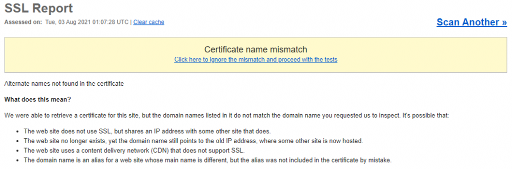 The "Certificate name mismatch" result in the Qualys SSL Report page