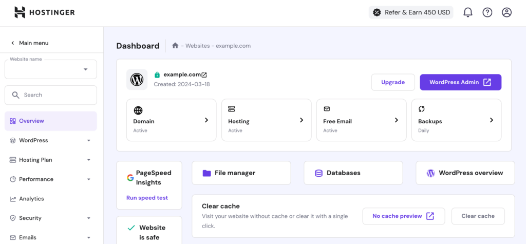 hPanel WordPress website dashboard