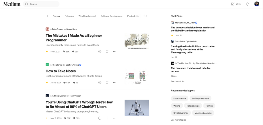 Medium homepage