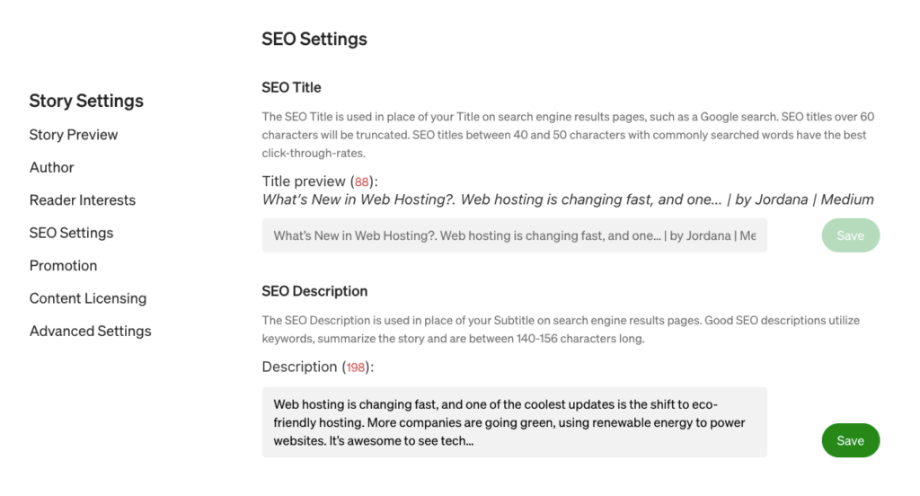 Medium SEO settings