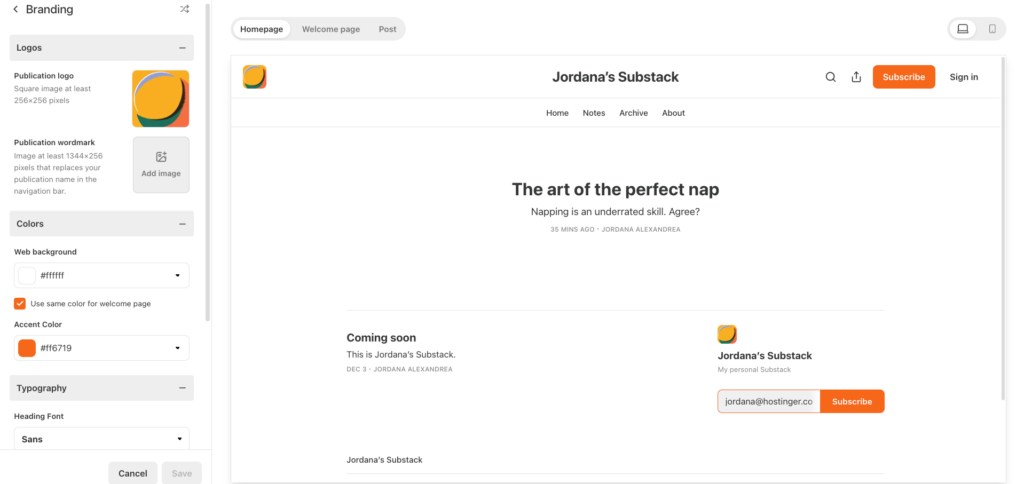 Substack customization settings