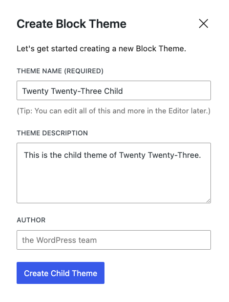 Create Block Theme child theme creation form