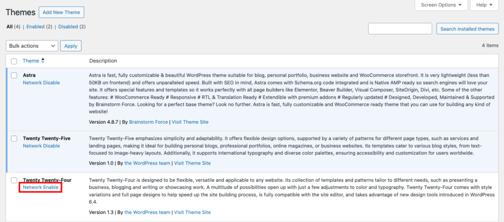 Network Enable setting in the WordPress Themes page