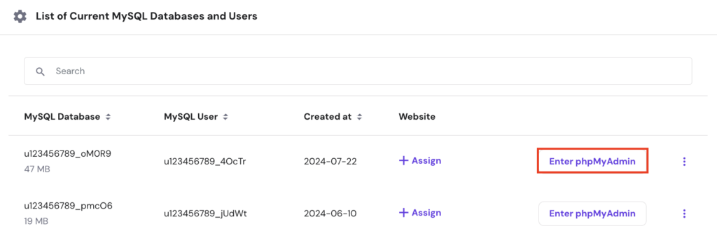 The Enter phpMyAdmin button in the List of Current Databases section of hPanel.