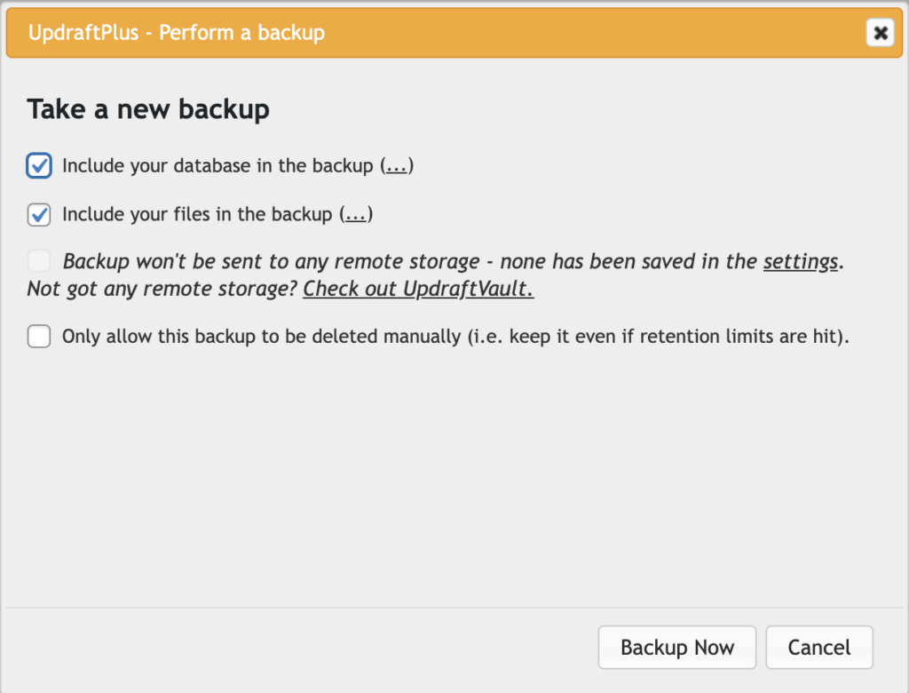 The Perform a backup pop-up of the UpdraftPlus plugin.