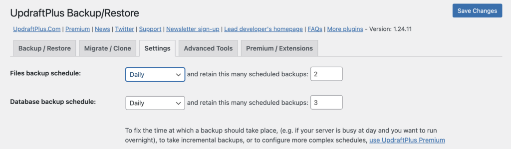 The Settings tab on UpdraftPlus' plugin dashboard.