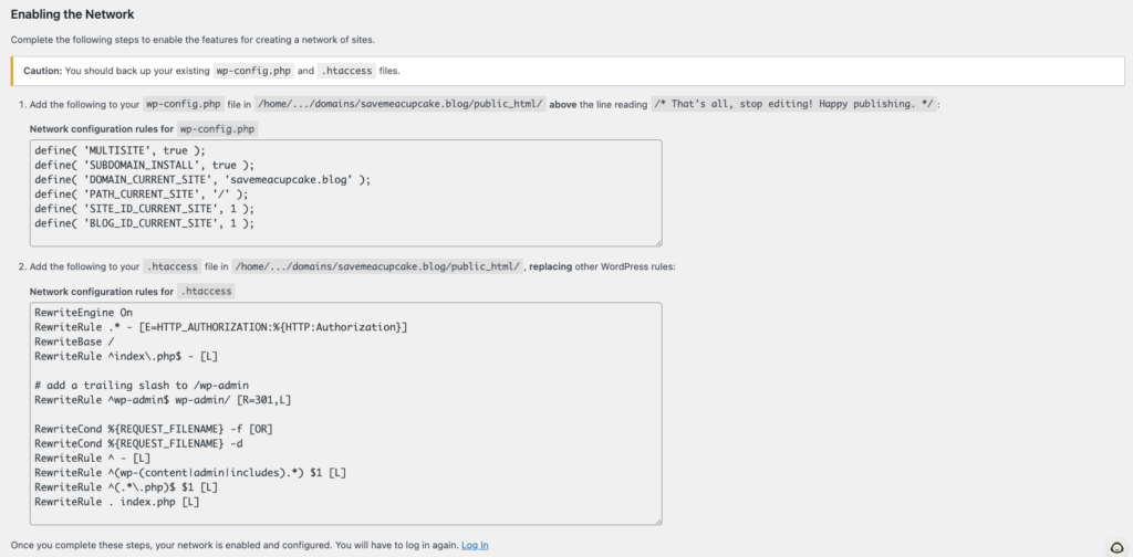 WordPress Network Setup page with code snippets to set up a new network