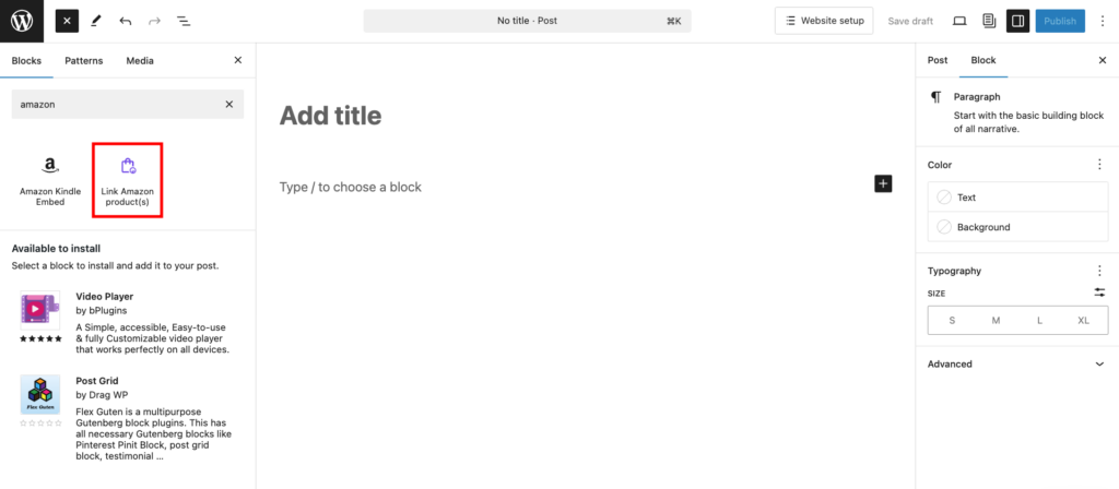 WordPress post editor, highlighting the Link Amazon product(s) block