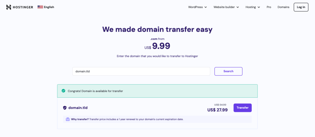 Hostinger domain transfer page