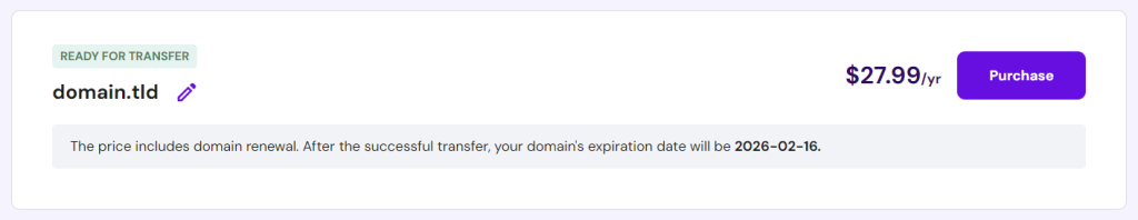 hPanel showing the domain transfer and renewal price