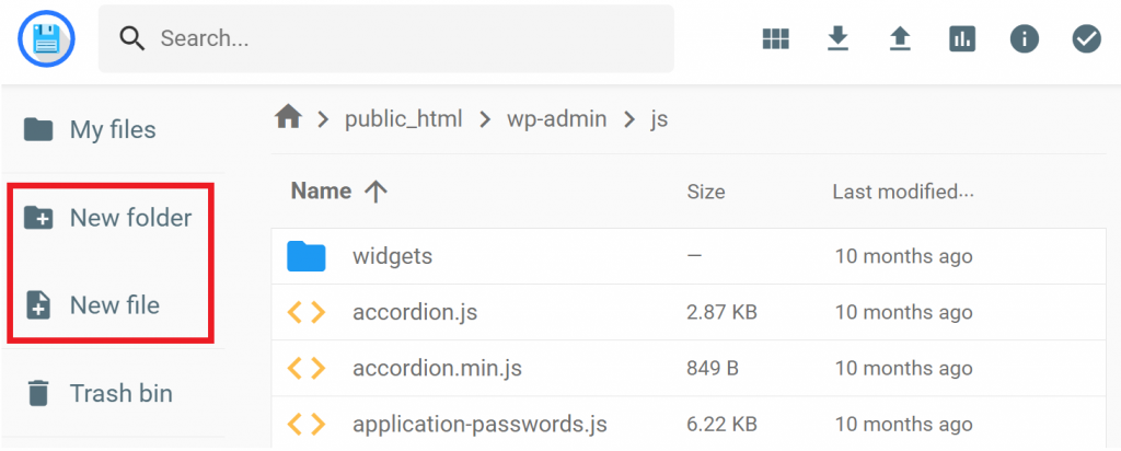 The New File and New Folder buttons location in Hostinger File Manager