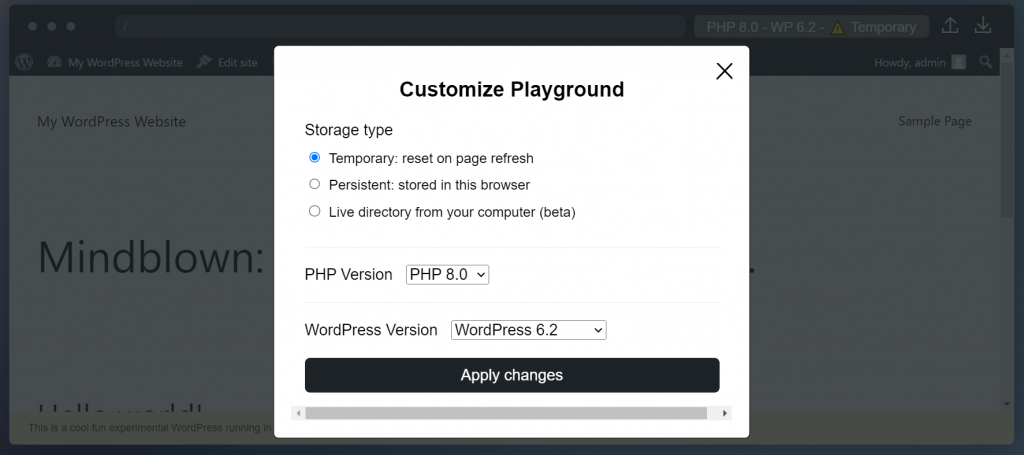 The pop-up window to customize the Playground
