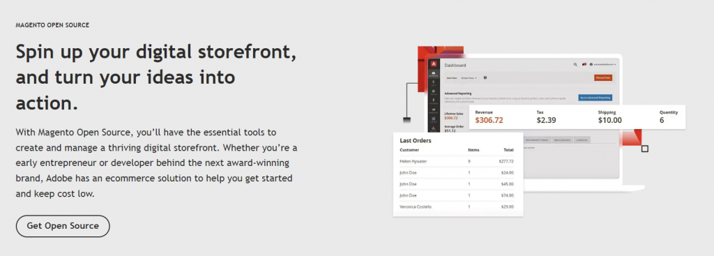 The landing page of Magento Open Source on the Adobe's site