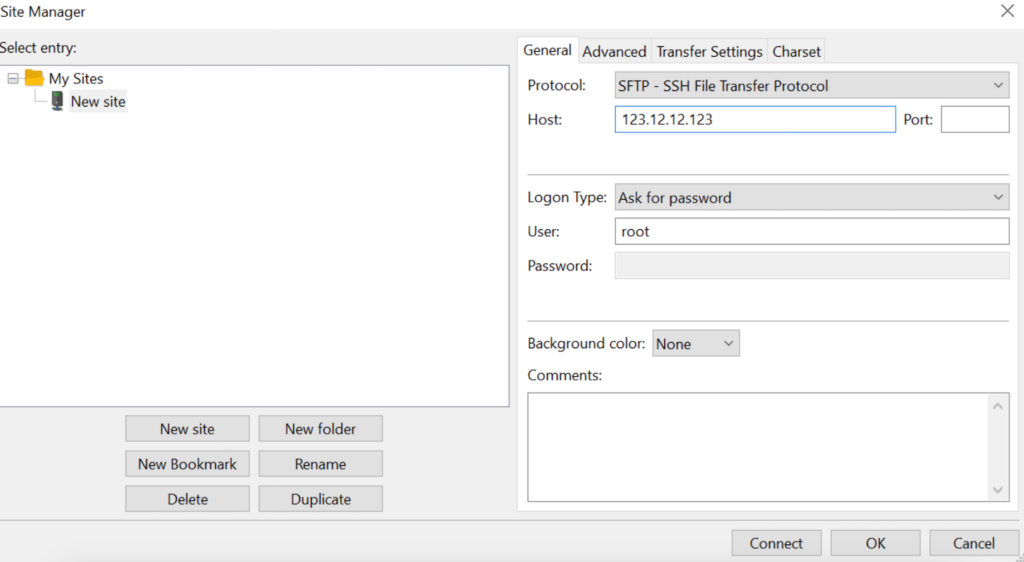 FileZilla new site configuration menu