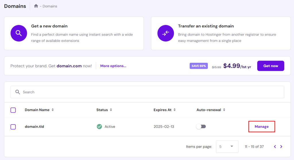 Domain management page in Hostinger, with the option to renew an active domain