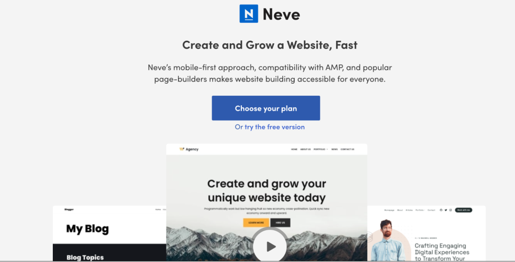 Neve theme with three templates and a button to choose a plan