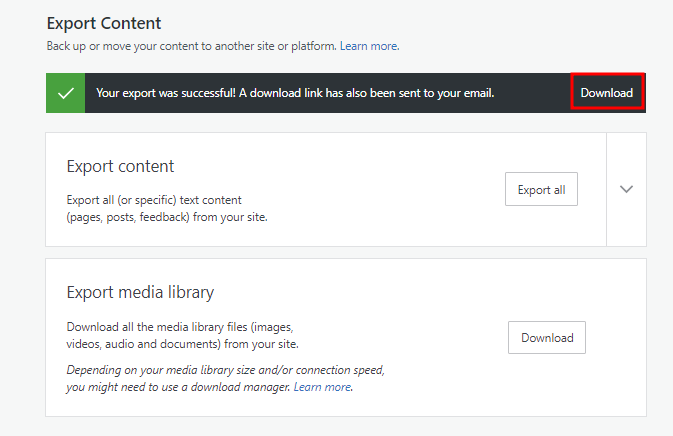 The Download button to store the exported WordPress.com site content