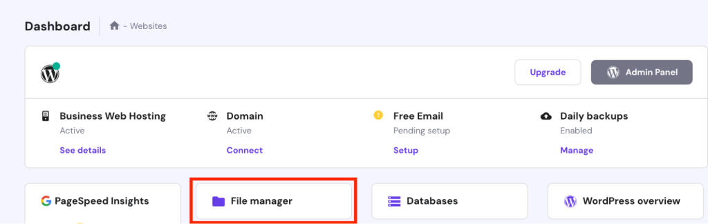 The File Manager button in the hPanel website management menu
