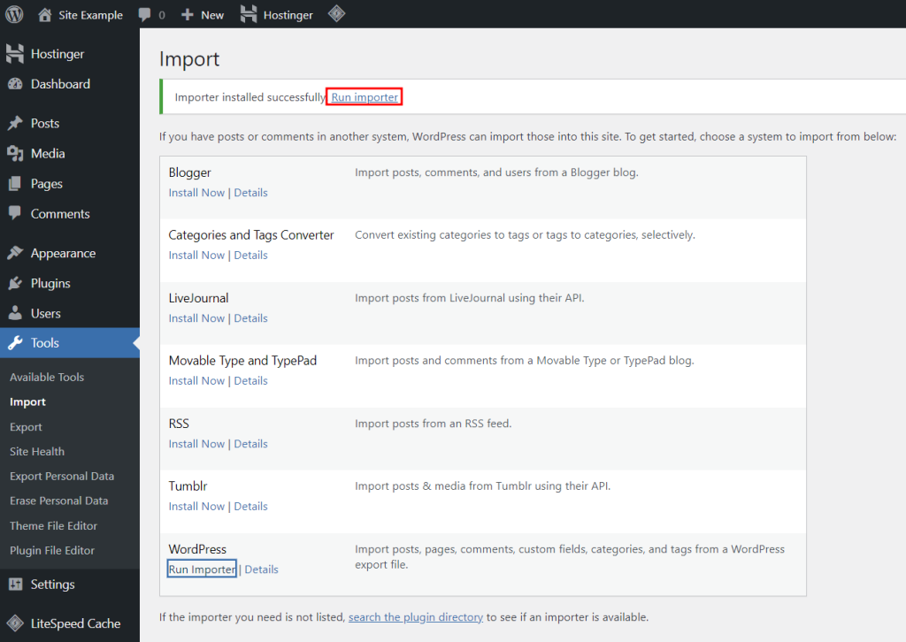 The Import section in the WordPress admin panel with the option to run the WordPress importer highlighted in red
