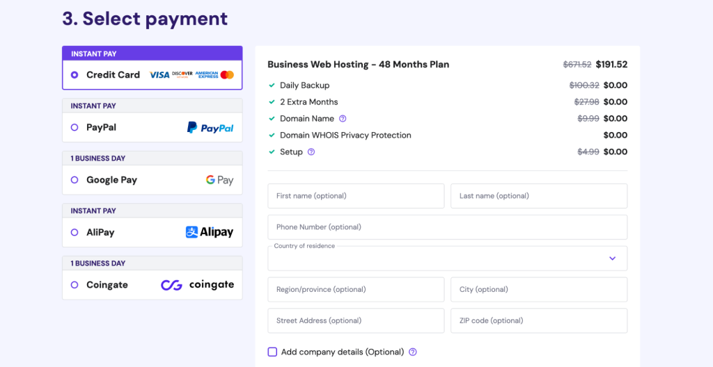 The payment selection section in the Hostinger hosting plan purchase flow