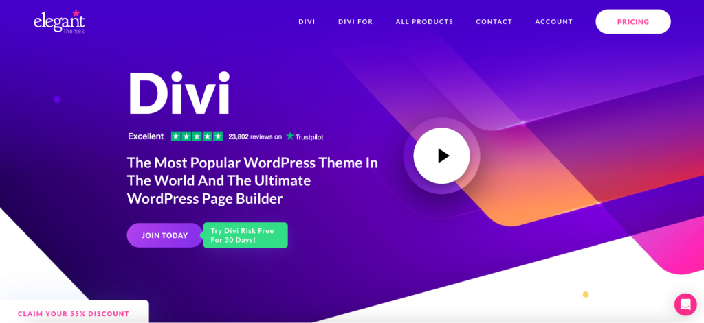 Divi homepage with bright purple elements
