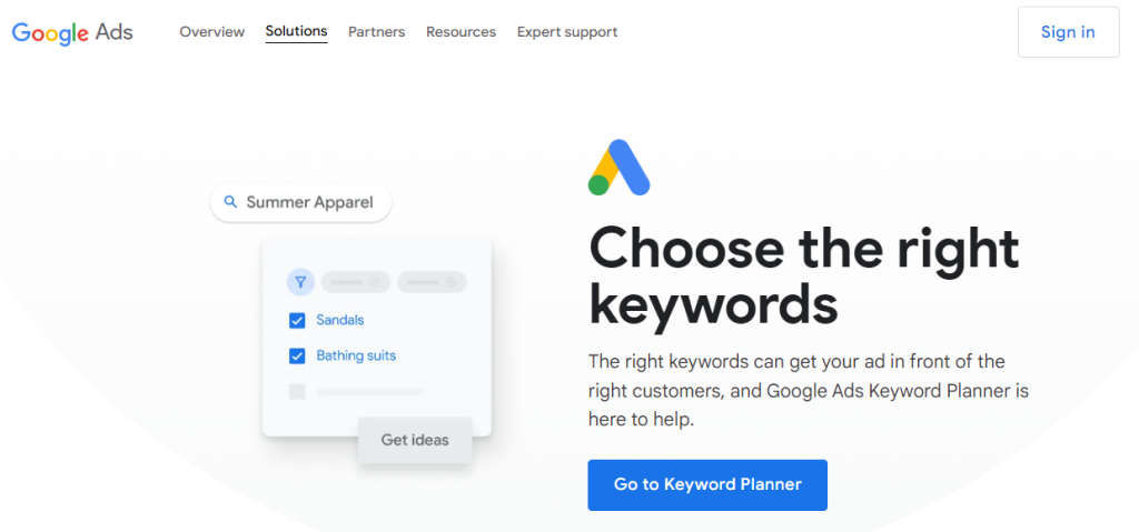 Google Keyword Planner's homepage