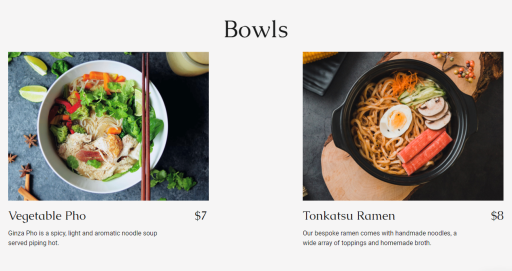 The Bowls section on Hostinger Website Builder's Ginza restaurant template