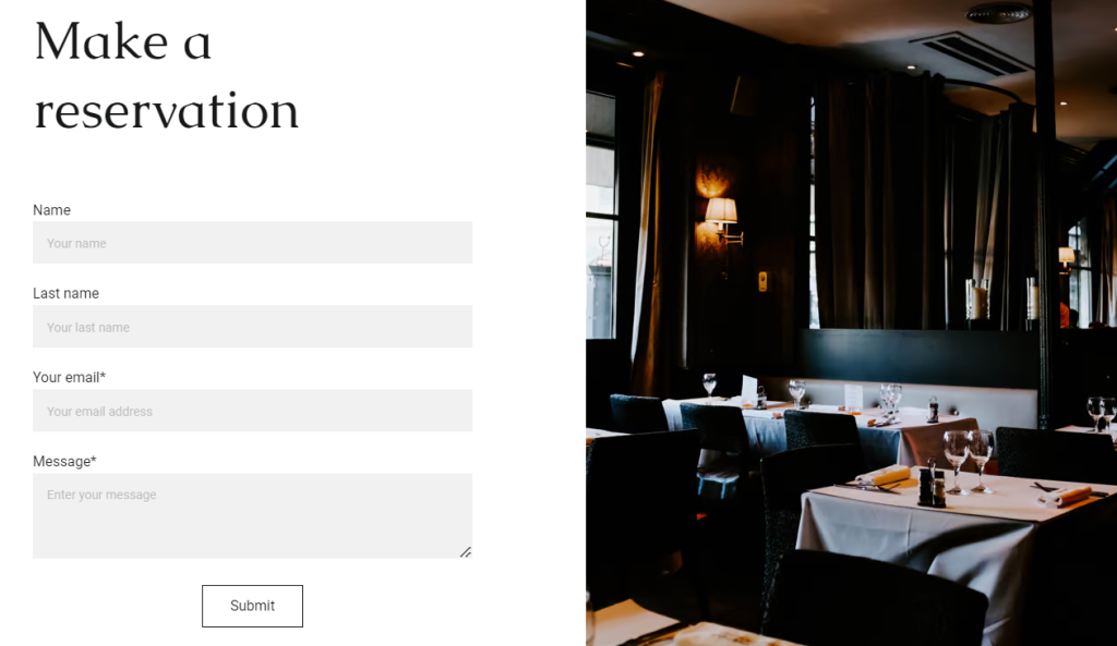 The Make a reservation form on Ginza's Contact page