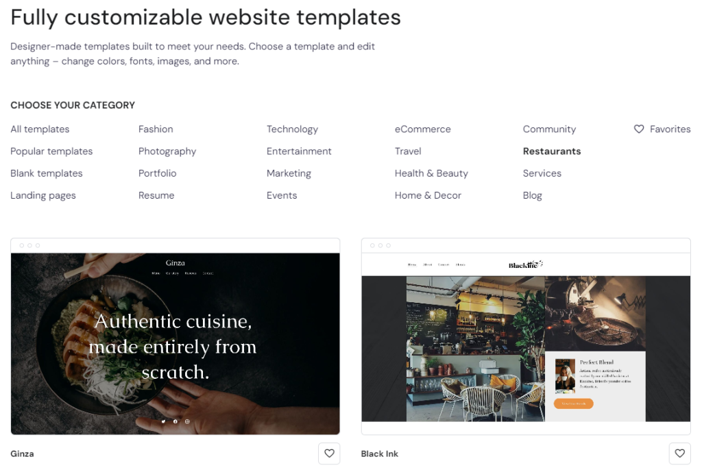 The Restaurants template category on Hostinger Website Builder