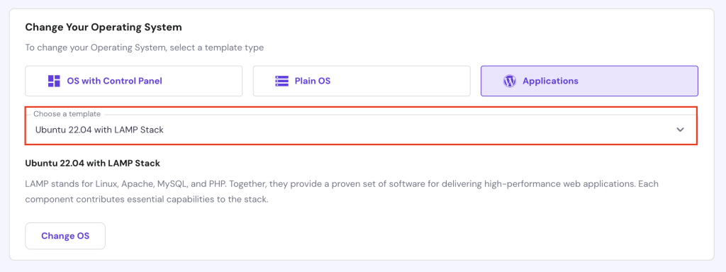 Choosing the Ubuntu 22.04 with LAMP Stack VPS template on Hostinger's hPanel