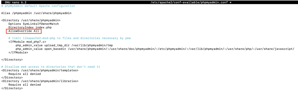 Editing the phpmyadmin.conf file on the nano text editor