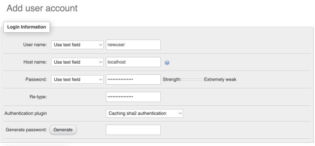 Adding a new user account on phpMyAdmin