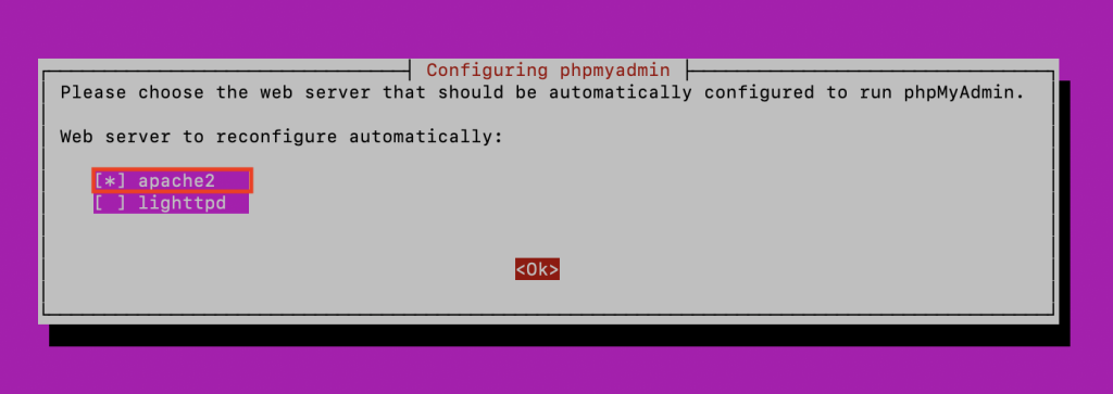 Selecting Apache as the web server when configuring phpMyAdmin