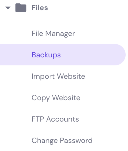 Backups highlighted under Files dropdown menu in hPanel