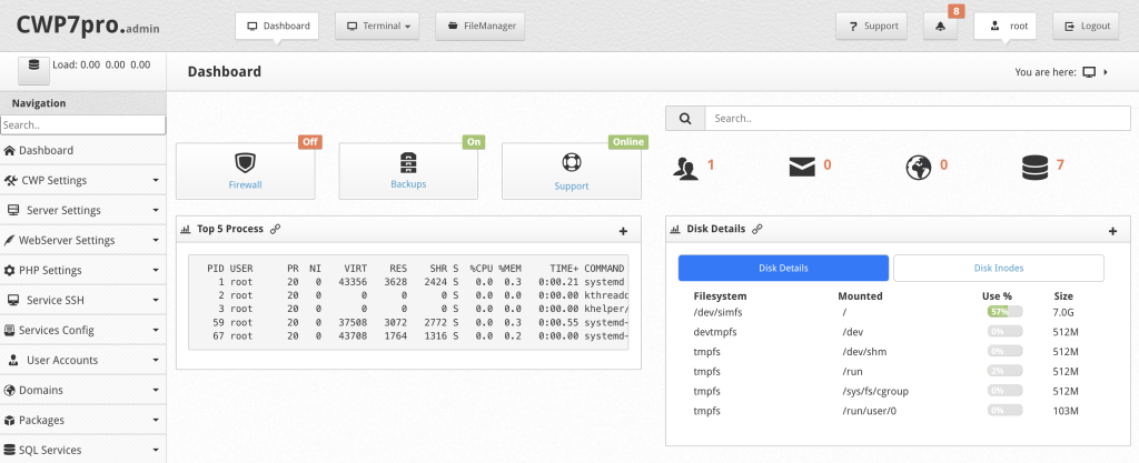 The Control Web Panel dashboard