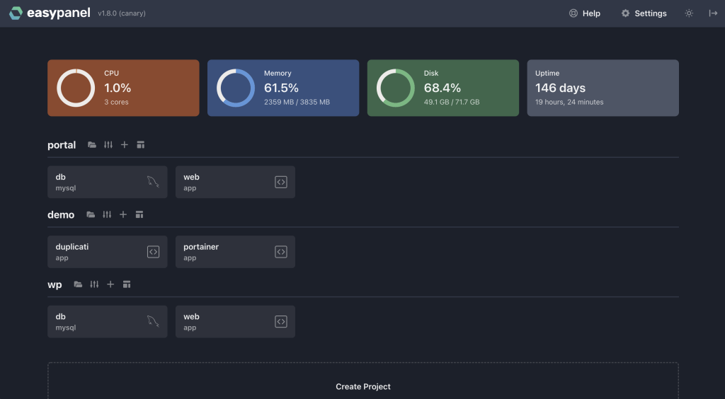 The Easypanel dashboard