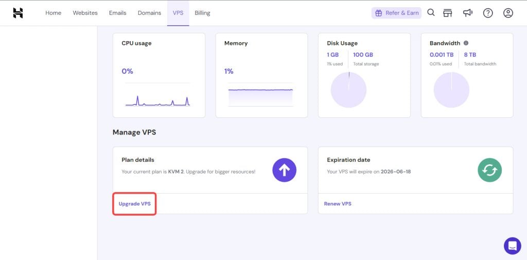 The section of the VPS UI showing the Upgrade VPS option, located in hPanel>VPS>Manage VPS
