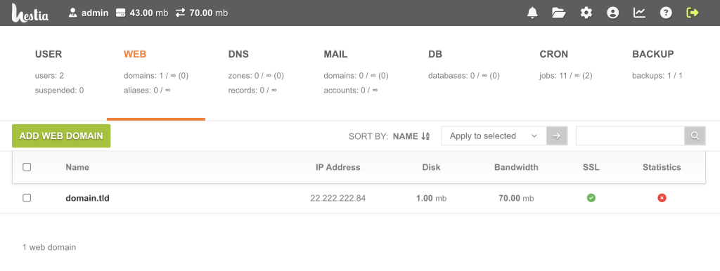 HestiaCP's dashboard