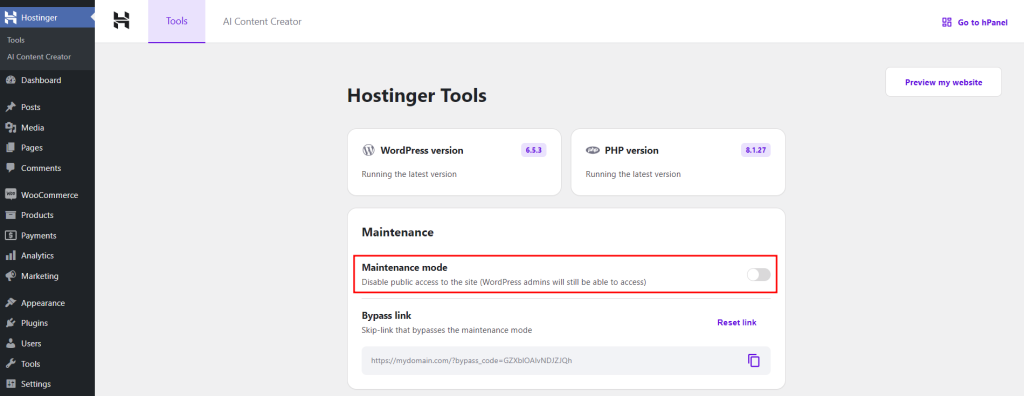 Enabling WordPress maintenance mode using the Hostinger Tools plugin