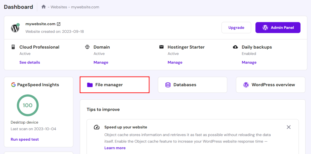 hPanel dashboard, highlighting the button to access File Manager