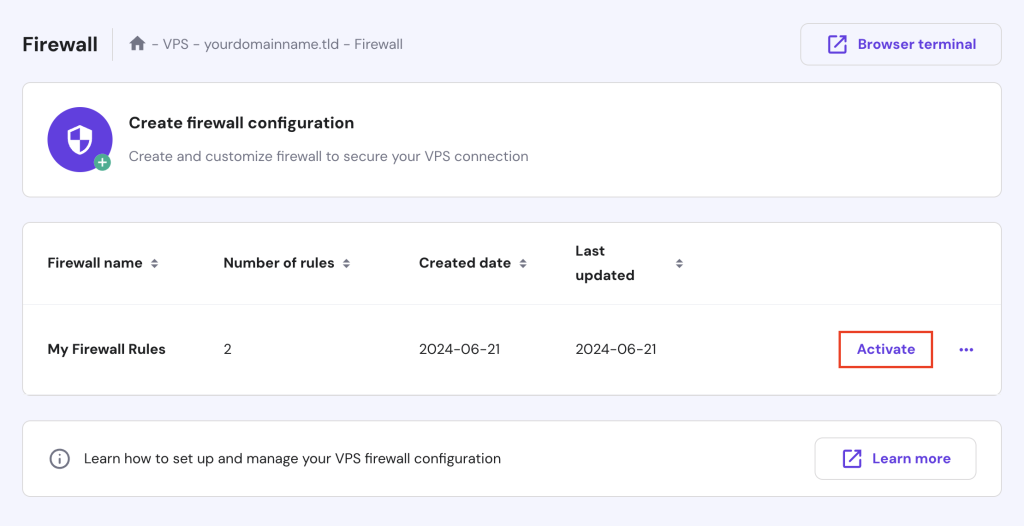 The Activate button on hPanel's Firewall page