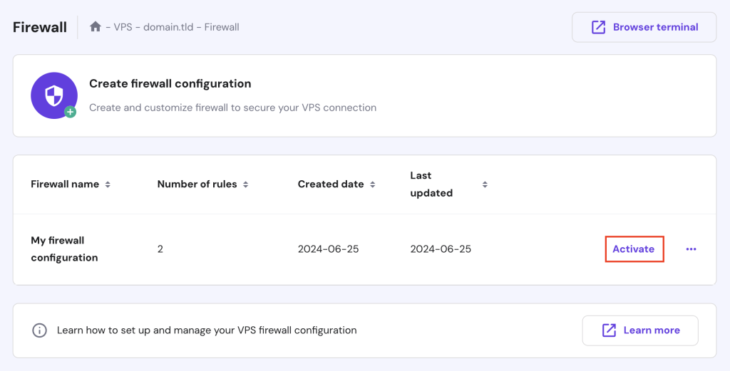 The Activate button on VPS' Firewall of hPanel